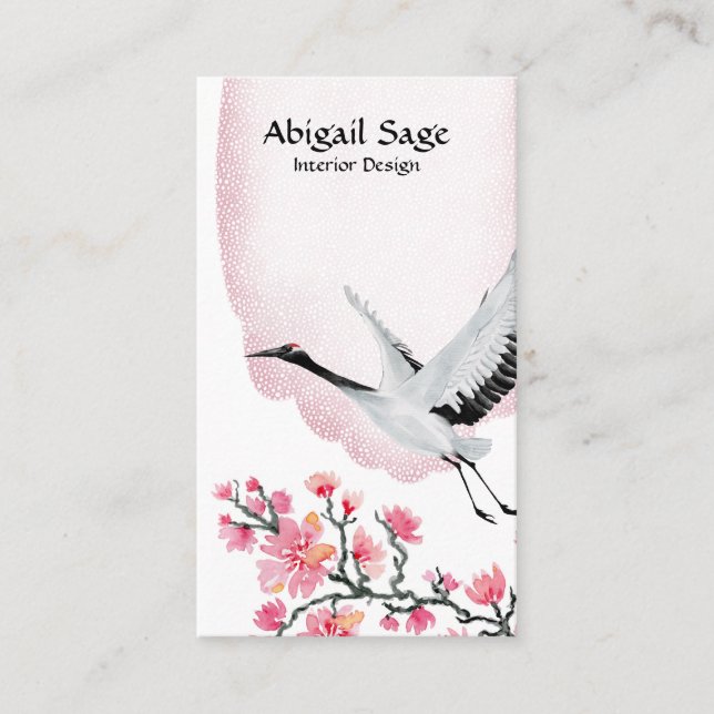 Modern Elegant Japanese Crane and Cherry Blossom Business Card (Front)