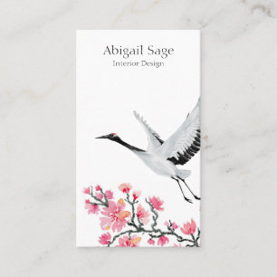 Modern Elegant Japanese Crane and Cherry Blossom Business Card