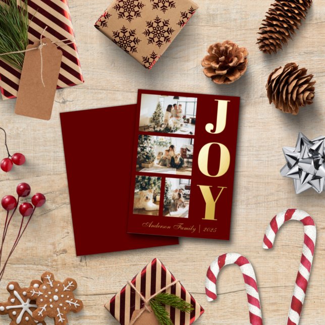 Modern Elegant Joy Christmas Four Photo Script Foil Holiday Card (Creator Uploaded)