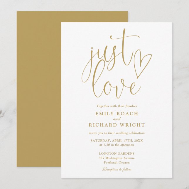 Modern Elegant Just Love Script Gold Wedding Invitation (Front/Back)