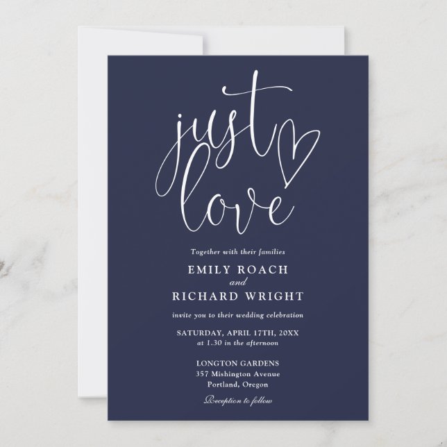 Modern Elegant Just Love Script Navy Blue Wedding Invitation (Front)