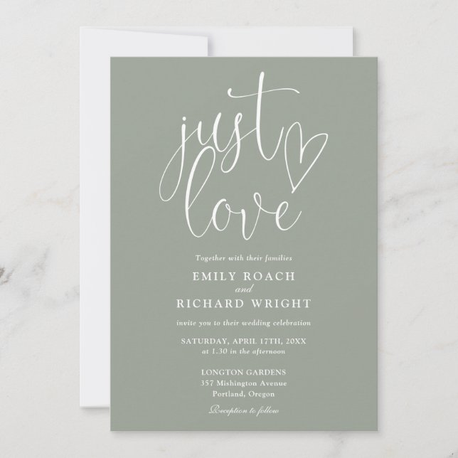 Modern Elegant Just Love Script Sage Green Wedding Invitation (Front)