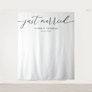 Modern Elegant Just Married Wedding Photo Backdrop Tapestry
