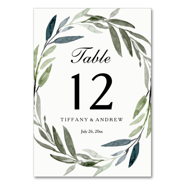 Modern Elegant Leaf Wreath Wedding Table Numbers (Front)