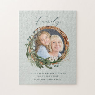 Modern elegant leafy wreath photo script family jigsaw puzzle