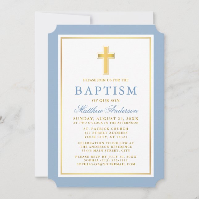 Modern Elegant Light Blue Gold Baptism Invitation (Front)