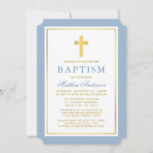 Modern Elegant Light Blue Gold Baptism Invitation