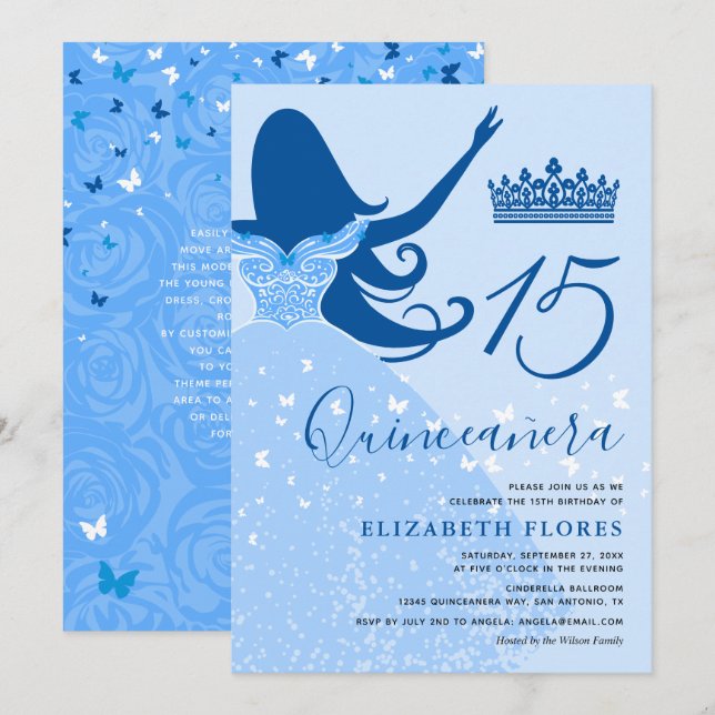 Modern Elegant Light Royal Blue Quinceanera Invitation (Front/Back)