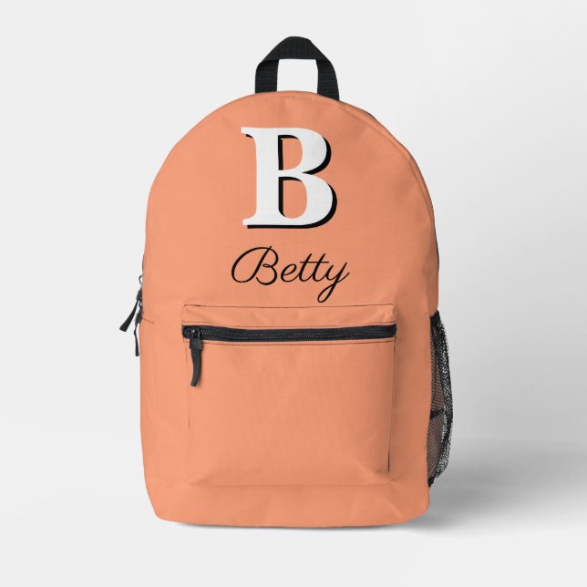 Modern Elegant Light Salmon Monogram Printed Backpack (Front)