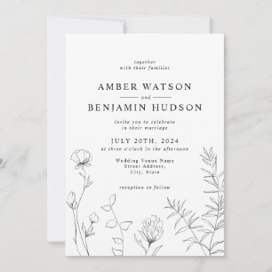 Modern Elegant Line Art Wildflowers Floral Wedding Invitation