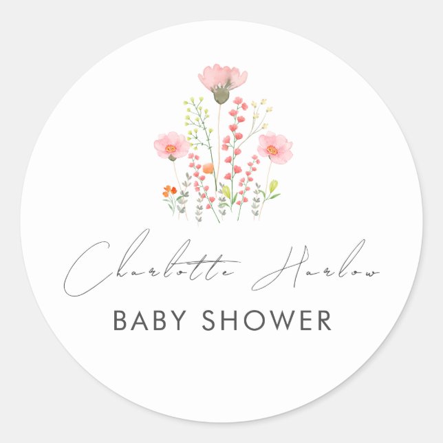 Modern Elegant Little Wildflowers Baby Shower Classic Round Sticker (Front)