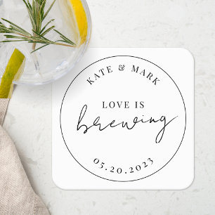 Modern Elegant Love is Brewing Wedding Square Paper Coaster