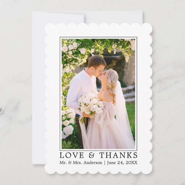 Modern Elegant Love Thanks Wedding Photo Scalloped Thank You Card (Front)