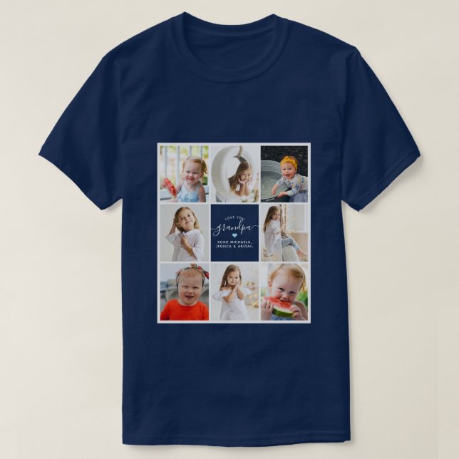 Modern Elegant Love You Grandpa 8-Photo Collage T-Shirt (Design Front)