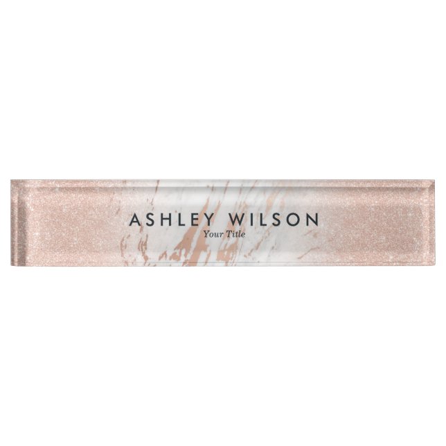 Modern Elegant Marble Rose Gold Glitter Nameplate (Front)