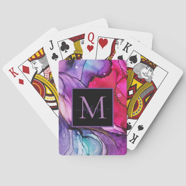 Modern Elegant Marbled Monogram Name Playing Cards (Back)