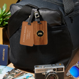 Modern Elegant Masculine Wood monogrammed Name Luggage Tag