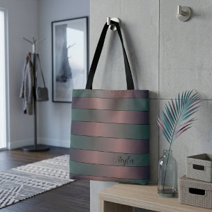 Modern Elegant Mauve And Teal Monogram Stripes Tote Bag