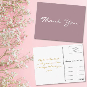 Modern Elegant Mauve Faux Gold Script Thank You Postcard