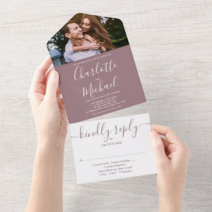 Modern Elegant Mauve Script Photo Wedding All In One Invitation