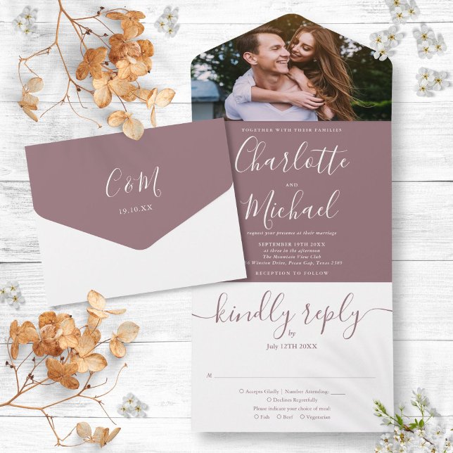 Modern Elegant Mauve Script Photo Wedding All In One Invitation (Modern Elegant Mauve Script Photo Wedding All All In One Invitation)