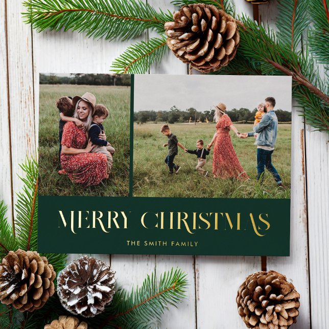 Modern Elegant Merry Christmas 2 Photo Foil Holiday Card (Creator Uploaded)