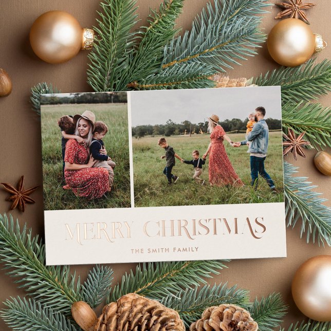 Modern Elegant Merry Christmas 2 Photo Foil Holiday Card (Creator Uploaded)
