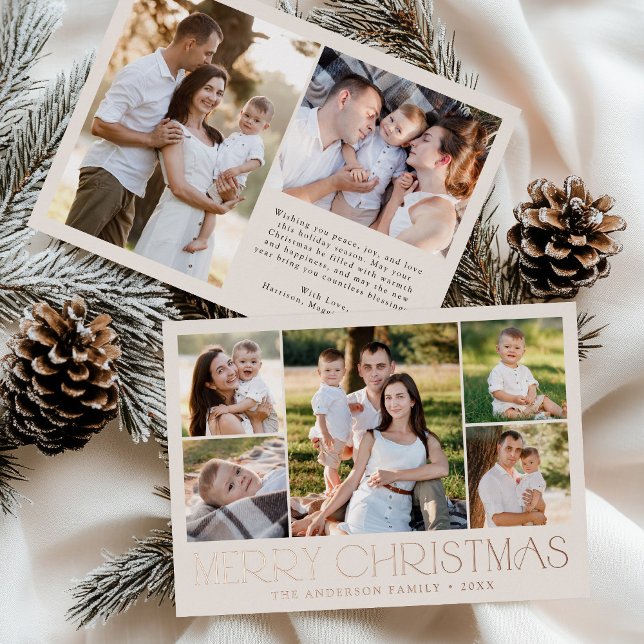 Modern Elegant Merry Christmas Cream Photo Collage Foil Holiday Card (Creator Uploaded)