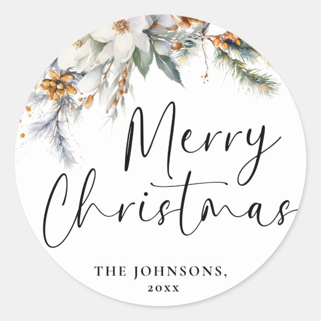 Modern Elegant Merry Christmas Custom Dark Green Classic Round Sticker (Front)
