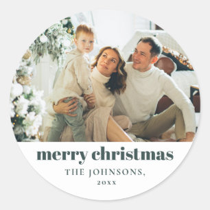 Modern Elegant Merry Christmas Custom Dark Green Classic Round Sticker