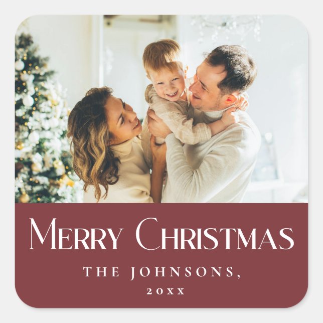 Modern Elegant Merry Christmas Custom Red Square Sticker (Front)