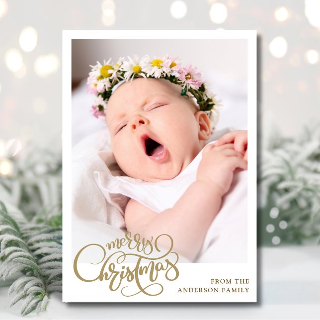 Modern Elegant Merry Christmas Gold Script Photo Holiday Card (Creator Uploaded)