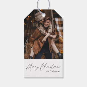 Modern Elegant Merry Christmas Script Family Photo Gift Tags