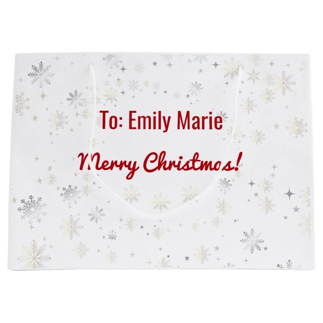 Modern Elegant Merry Christmas Snowflakes Name Large Gift Bag (Front)