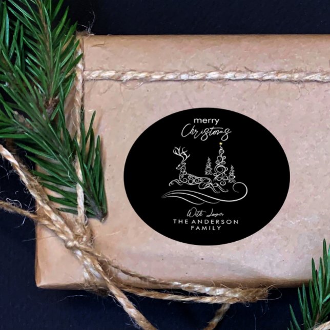 Modern Elegant Merry Christmas Tree and Reindeer Classic Round Sticker (Creator Uploaded)