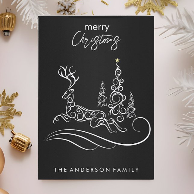 Modern Elegant Merry Christmas Tree and Reindeer Holiday Card (Creator Uploaded)