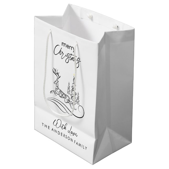 Modern Elegant Merry Christmas Tree and Reindeer Medium Gift Bag (Front Angled)