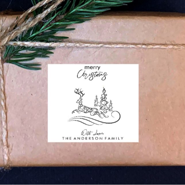 Modern Elegant Merry Christmas Tree and Reindeer Square Sticker (Creator Uploaded)