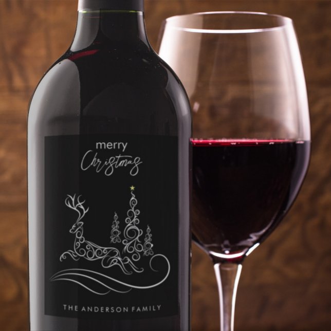 Modern Elegant Merry Christmas Tree and Reindeer Wine Label (Creator Uploaded)