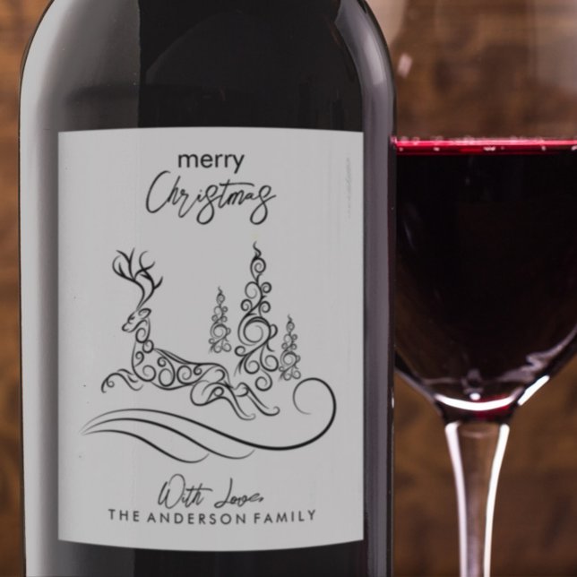 Modern Elegant Merry Christmas Tree and Reindeer Wine Label (Creator Uploaded)