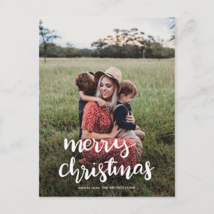 Modern Elegant Merry Christmas White Script Photo Postcard