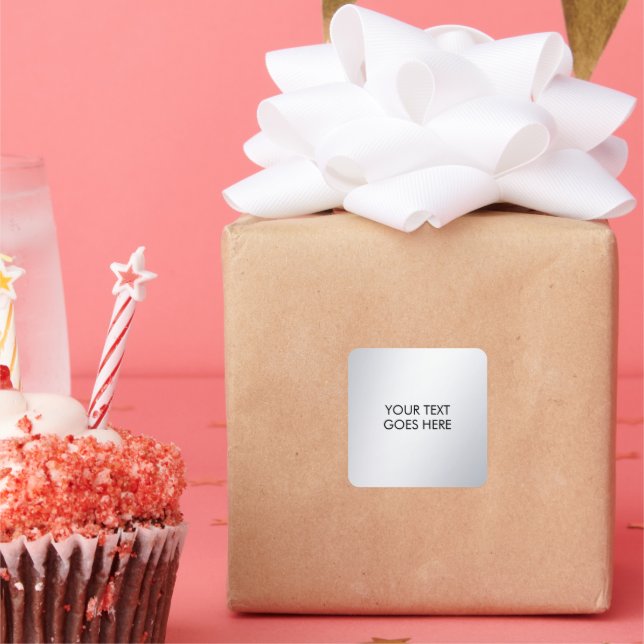 Modern Elegant Metallic Silver Your Custom Text Square Sticker (Party)