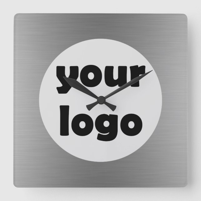 Modern Elegant Metallic Solid Silver Logo Square Wall Clock (Front)