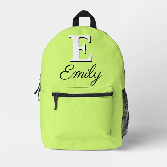 Modern Elegant Mindaro Yellow Green Monogram Printed Backpack (Front)