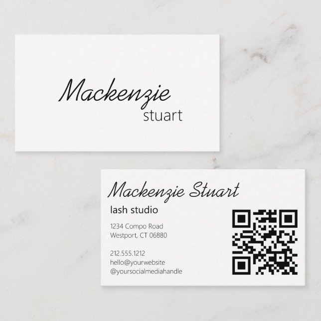 Modern Elegant Minimal Hair QR Code Script Business Card (Front/Back)