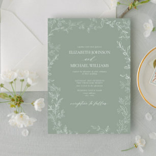 Modern Elegant Minimal Leaf Sage Green Wedding Invitation