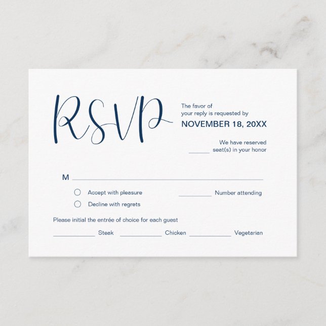 Modern Elegant Minimal, RSVP,  Navy Blue, Respond Enclosure Card (Front)