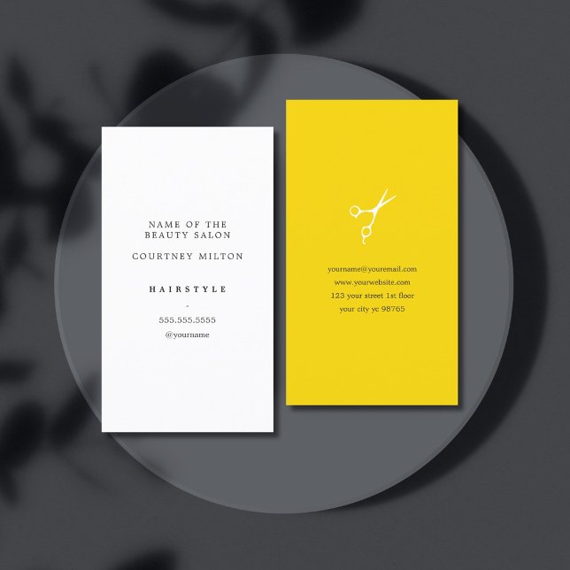 Modern Elegant Minimal White Yellow Hair Stylist Business Card (Creator Uploaded)