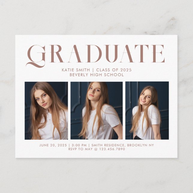 Modern Elegant Minimalist Graduation Three Photo Invitation Postcard (Front)