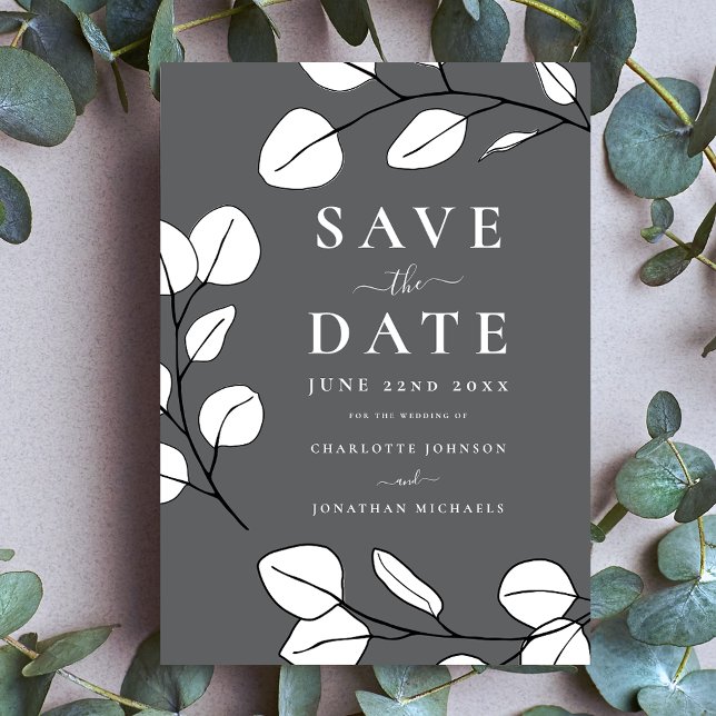 Modern Elegant Minimalist Leaf Grey Wedding  Save The Date (Minimalist eucalyptus leaves modern stylish gray wedding save the date invitation )